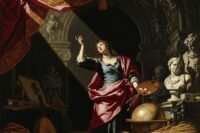 Baroque woman illuminated against a dark arched interior