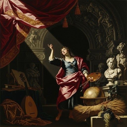 Baroque woman illuminated against a dark arched interior