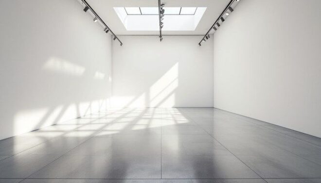 Empty white cube gallery with skylight and geometric shadows