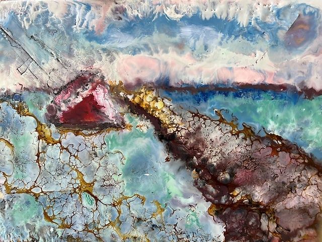 Abstract encaustic-style painting with waxy blue, pink, and dark textures