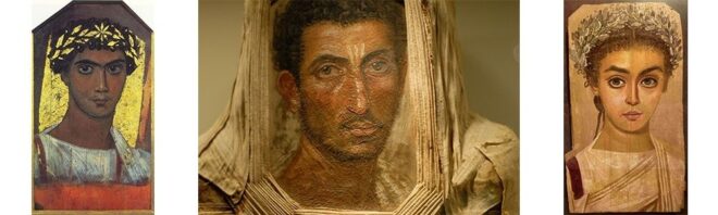 Three ancient-looking Fayum mummy portraits showing two women and a man